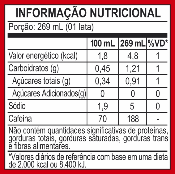 Tabela com informação nutricional do Cold Brew Nitro Original 269ml.