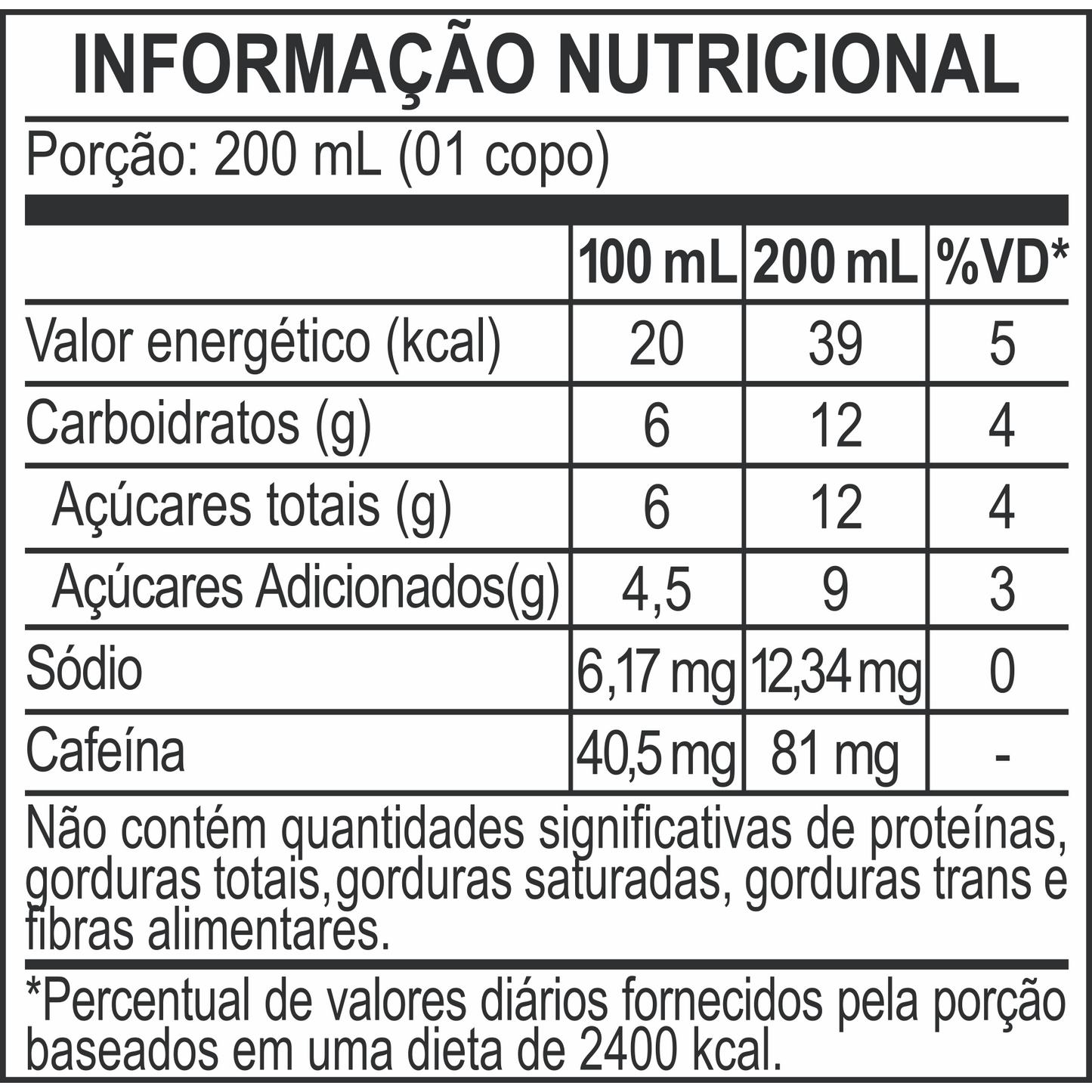 Tabela de informação nutricional do Cold Brew Tonica Siciliano 269ml.