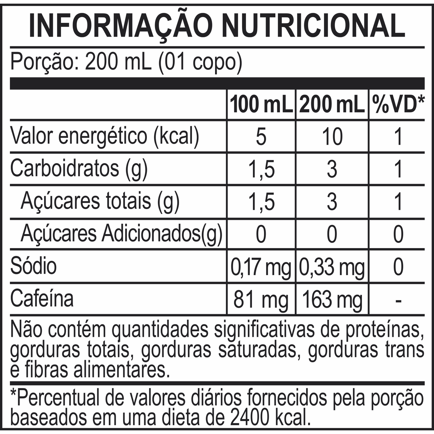 Tabela com informação nutricional do Cold Brew Nitro Original 269ml.