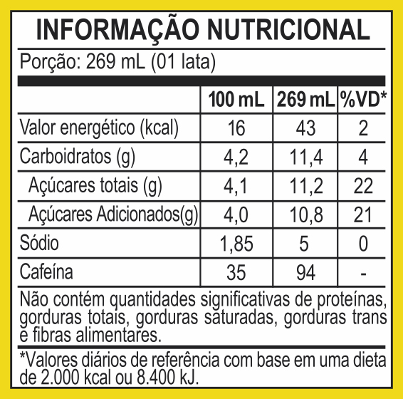 Tabela de informação nutricional do Cold Brew Tonica Siciliano 269ml.